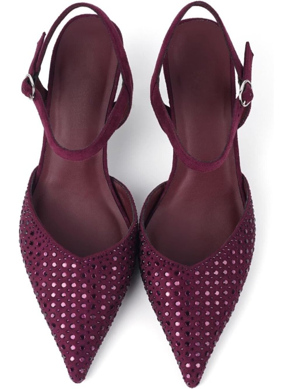 Women's Burgundy_rhinestone Slingback Kitten Pointed Closed Pumps Low Heels Shoe